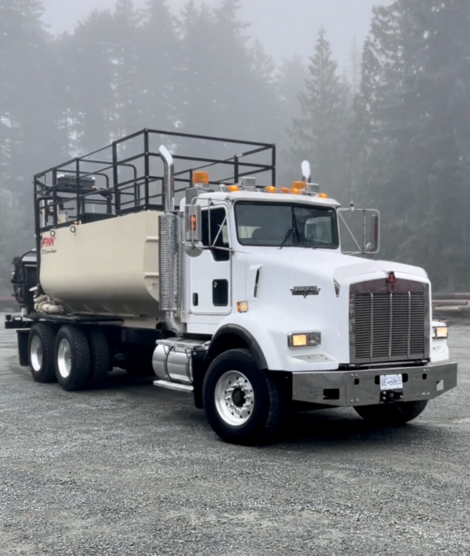 TnT hydroseeding tank truck ready to head out on a misty Vancouver Island morning