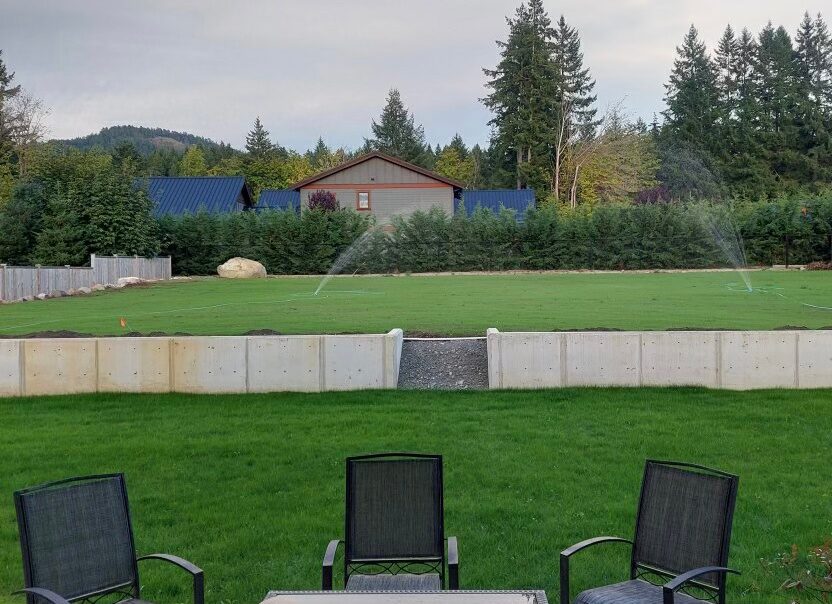 Sprinklers watering a newly seeded residential lawn behind a concrete retaining wall